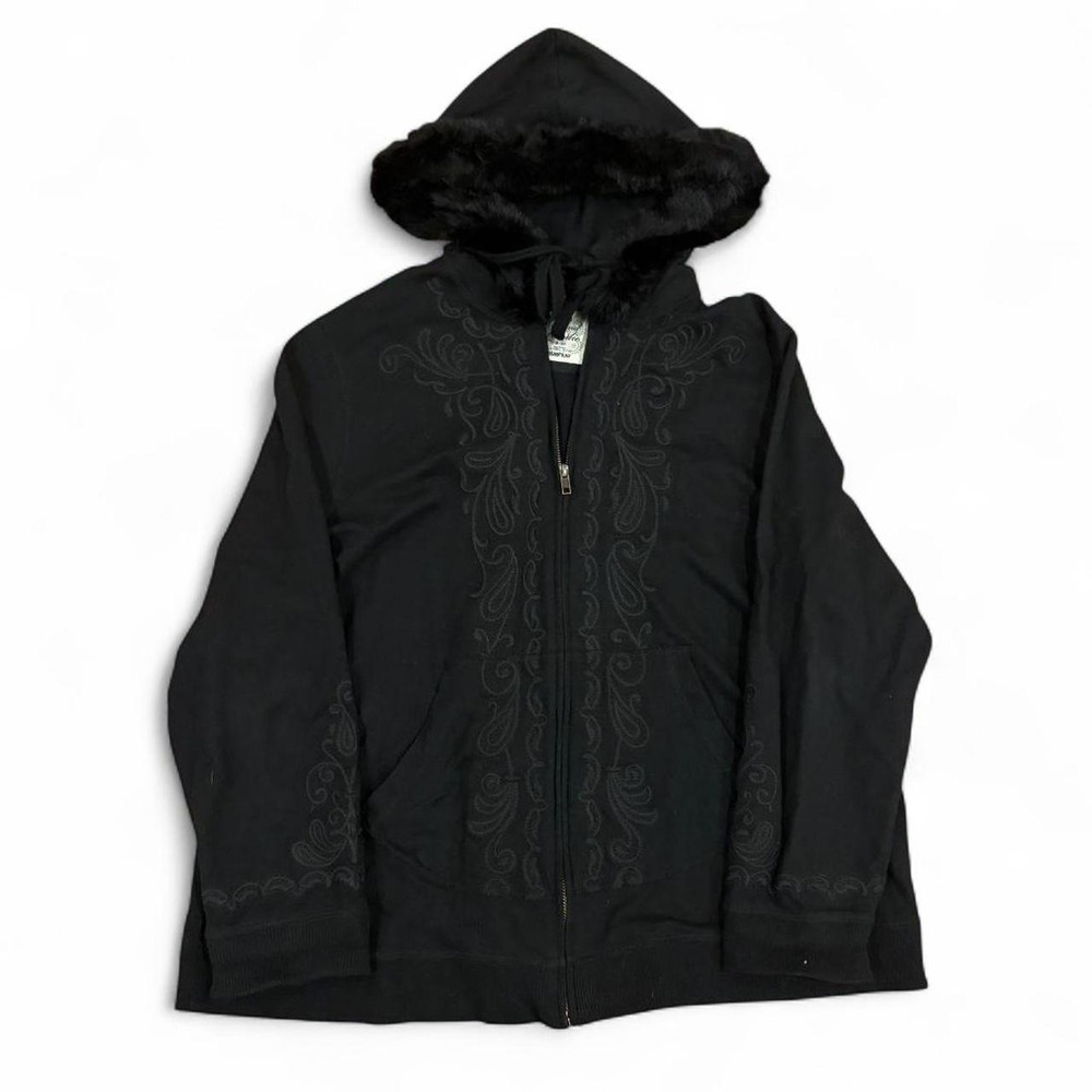 Avenue Weekend Hoodie Black Faux Fur Trim Embroidered Zip Up Y2K Size 18/20